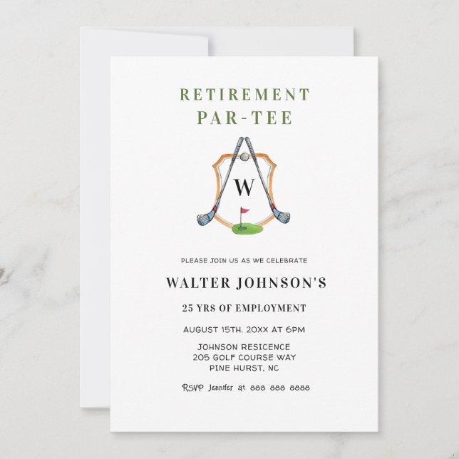 Invitation Fête de retraite sur le thème de golf Crest Monogr (Devant)