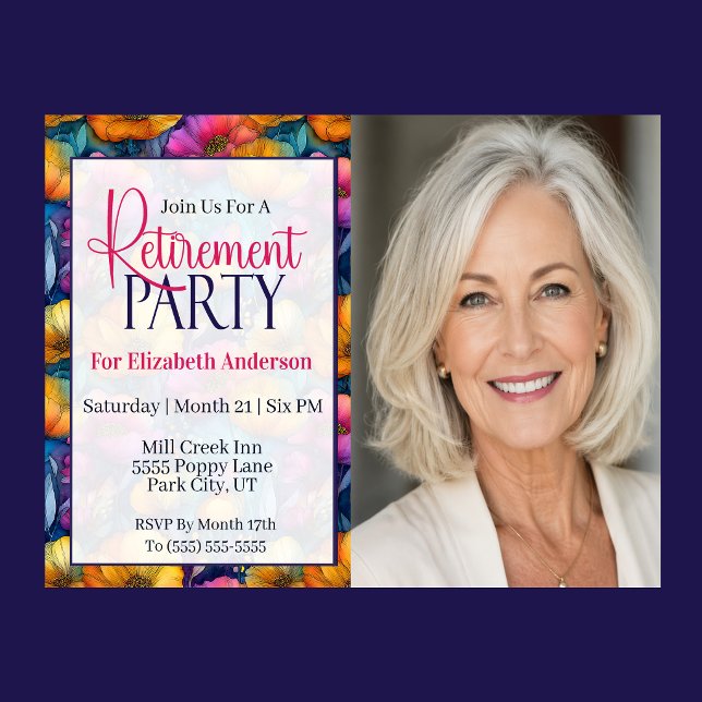 Invitation Fête de retraite sur le thème de la fleur de pavot (Colorful vibrant poppy flower retirement party invitation with elegant floral border and photo space)