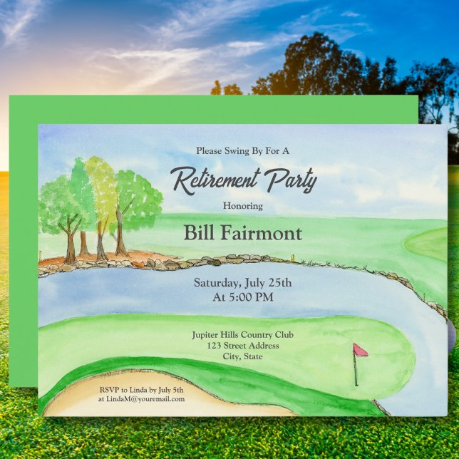 Invitation Fête de retraite sur un parcours de golf à l'aquar (Créateur téléchargé)