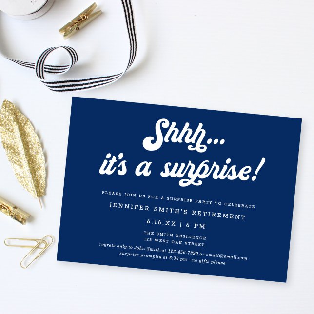 Invitation Fête de retraite surprise écriture rétro bleue (Créateur téléchargé)