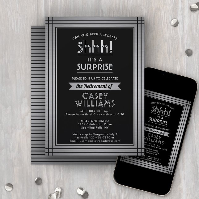 Invitation Fête de retraite surprise élégant noir argent (Créateur téléchargé)