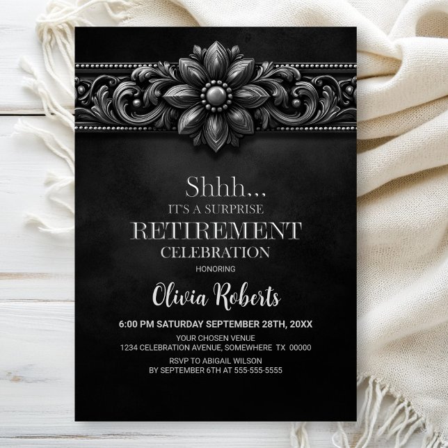 Invitation Fête de retraite surprise Fleur d'Argent Noir (Créateur téléchargé)