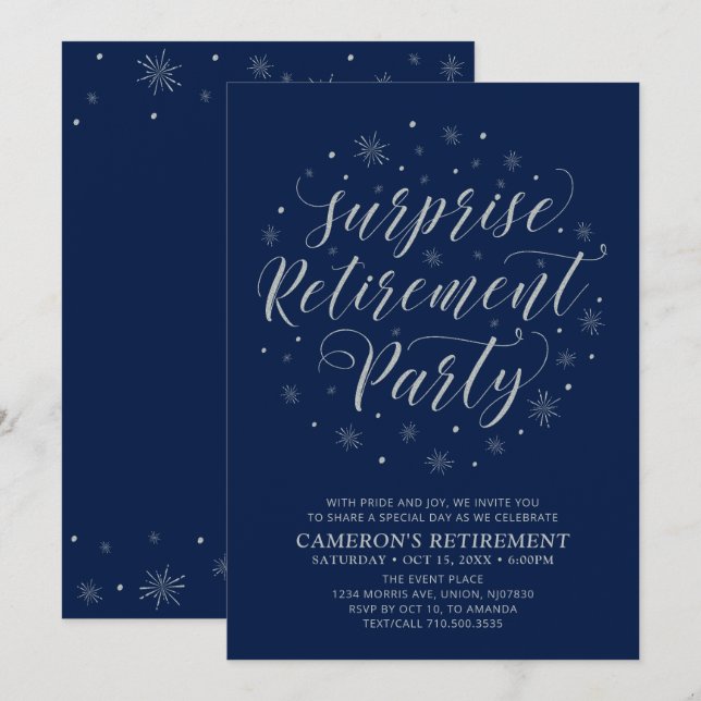 Invitation Fête de retraite surprise moderne argent et bleu m (Devant / Derrière)