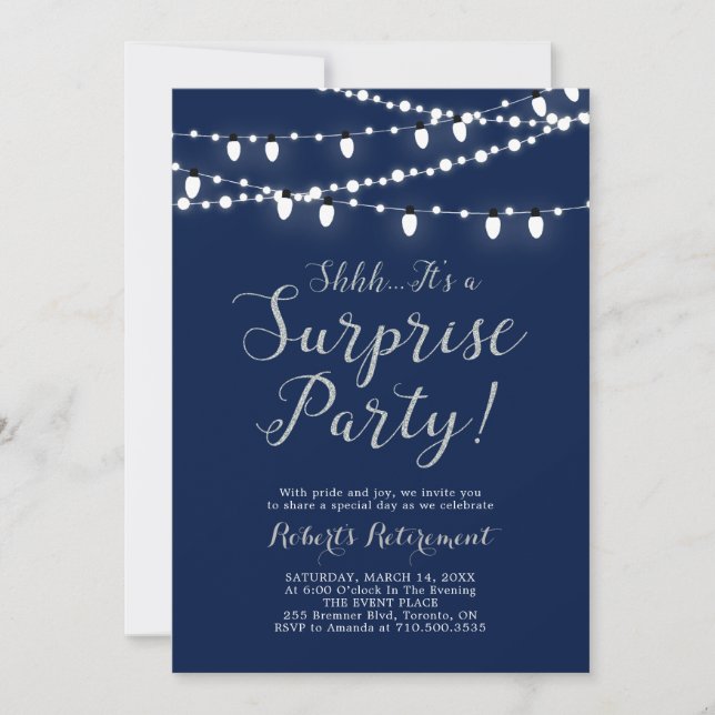 Invitation Fête de retraite surprise moderne argent et marine (Devant)