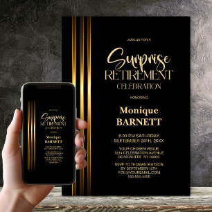 Invitation Fête de retraite Surprise Noir à Bandes Dorées