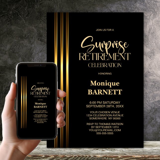 Invitation Fête de retraite Surprise Noir à Bandes Dorées (Créateur téléchargé)