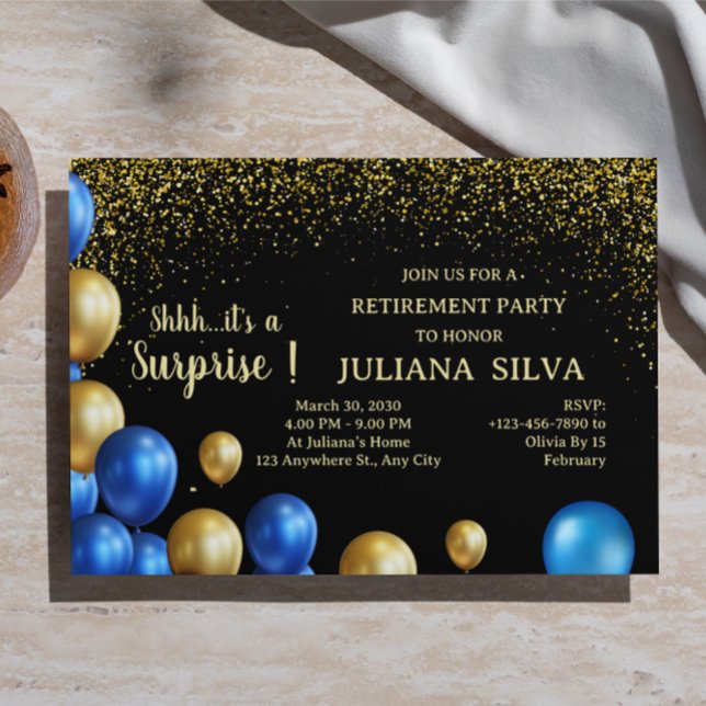 Invitation Fête de retraite surprise noire et dorée  (Créateur téléchargé)