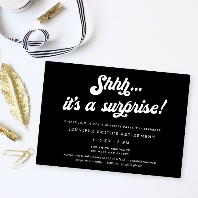 Invitation Fête de retraite surprise Retro Script Black (Créateur téléchargé)