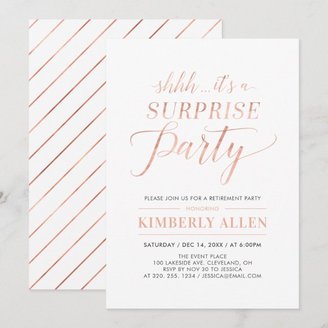 Invitation Fête de retraite surprise simple moderne en or ros (Devant / Derrière)