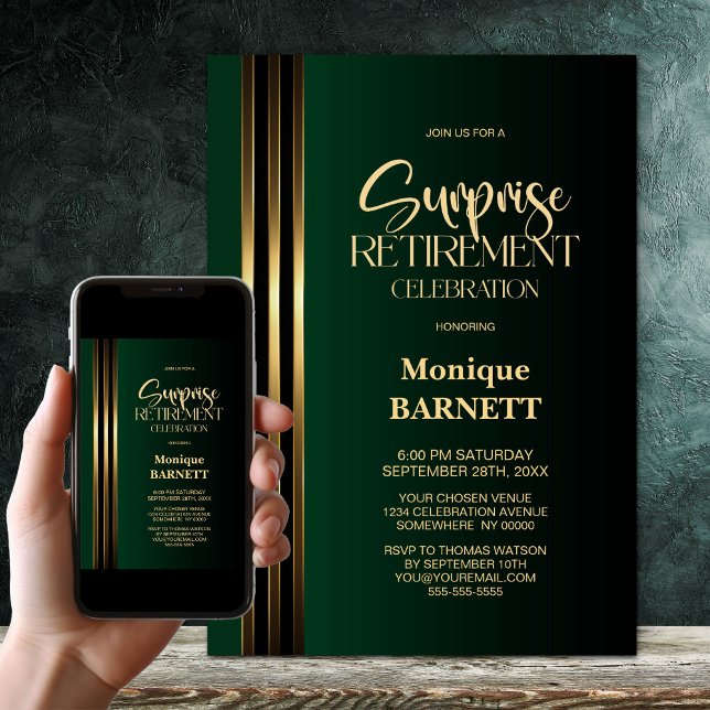 Invitation Fête de Retraite Surprise Vert Noir Rayé Or (Créateur téléchargé)
