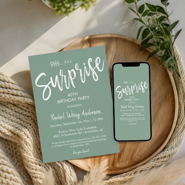 Invitation Fête de retraite surprise vert sauge pour annivers (Créateur téléchargé)