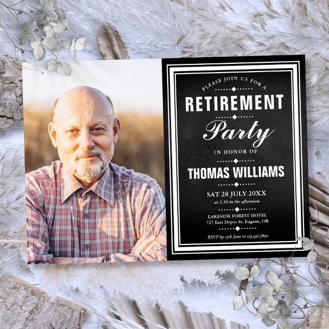 Invitation Fête de retraite Tableau noir et blanc Photo  (Retirement Party Black And White Chalkboard Photo Invitation)