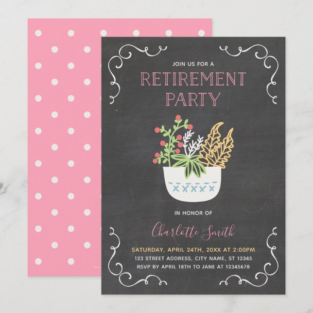 Invitation Fête de retraite tableau noir rose Pot de fleurs (Devant / Derrière)
