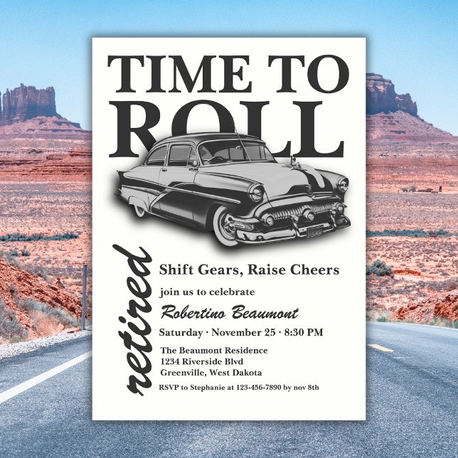 Invitation Fête de retraite Time to Roll Voiture Classique Gr (Créateur téléchargé)