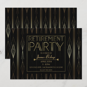 Invitation Fête de retraite travail Art Déco noir et or
