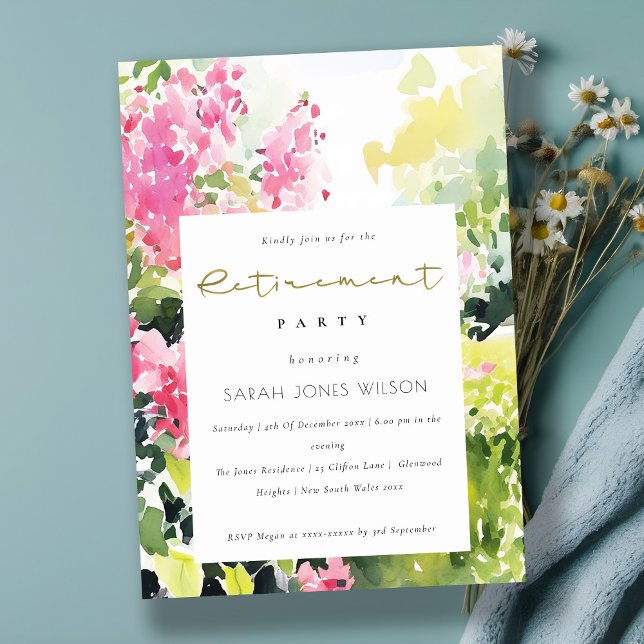 Invitation Fête de retraite tropicale rose et vert Bougainvil (Créateur téléchargé)