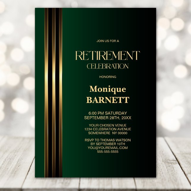Invitation Fête de Retraite Vert Noir avec des Bandes Dorées (Créateur téléchargé)