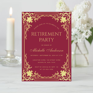 Invitation Fête de Retraite Vintage Orné Bourgogne Faux Or