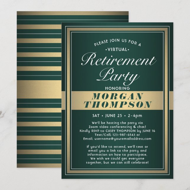 Invitation Fête de retraite virtuelle verte et or (Devant / Derrière)