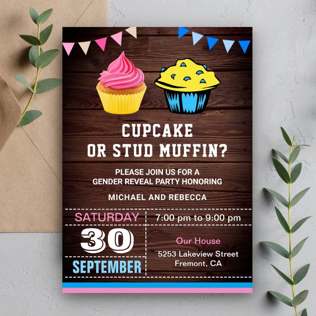Invitation Fête de révélation de genre Cupcake ou Muffin Stud (Créateur téléchargé)