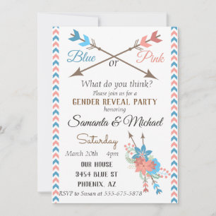 Invitation Fête de révélation de genre Flèche bleu rose Boho 