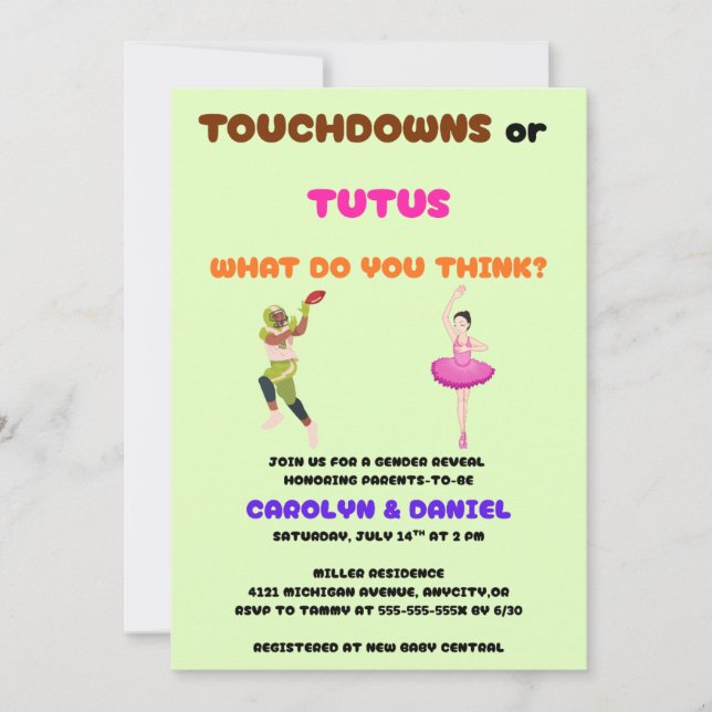 Invitation Fête de révélation de genre Touchdowns ou Tutus (Devant)