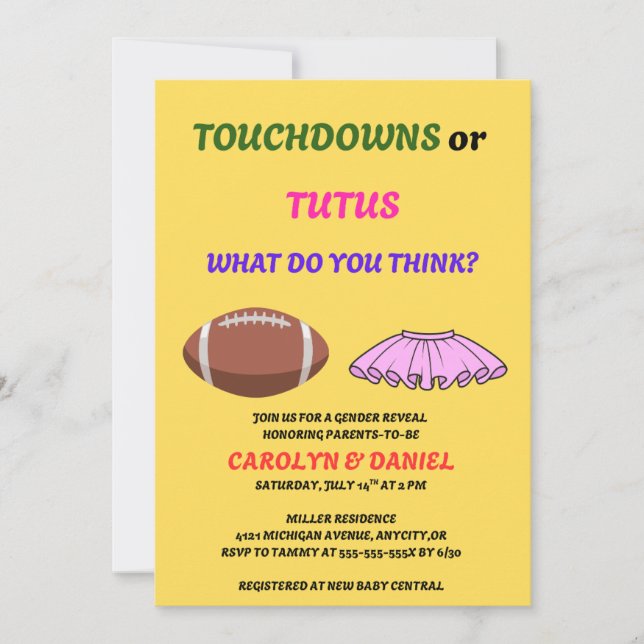 Invitation Fête de révélation de genre Touchdowns ou Tutus (Devant)