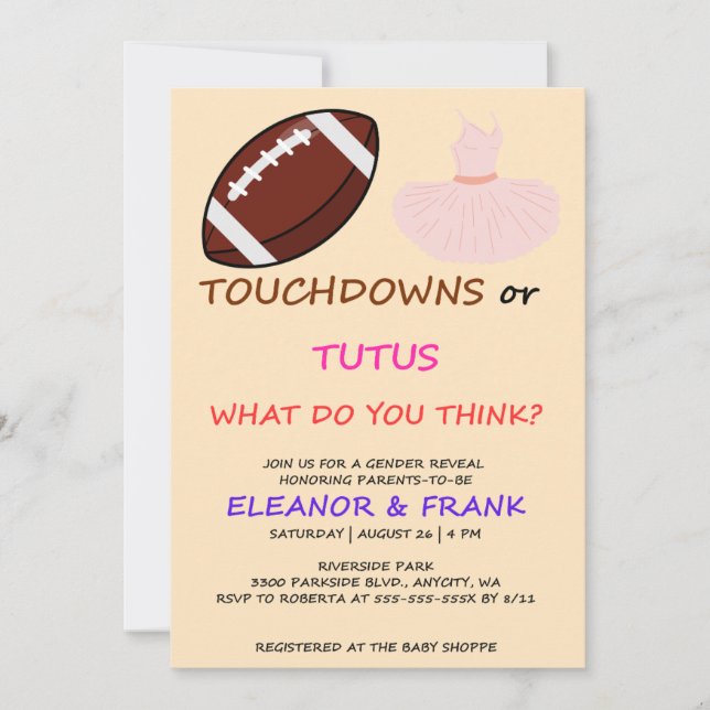 Invitation Fête de révélation de genre Touchdowns ou Tutus (Devant)