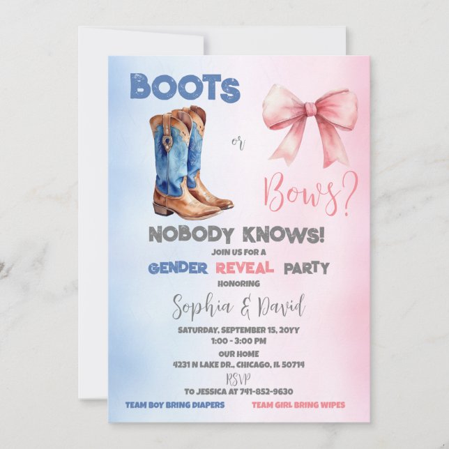 Invitation Fête de révélation de sexe Boots ou Bows (Devant)