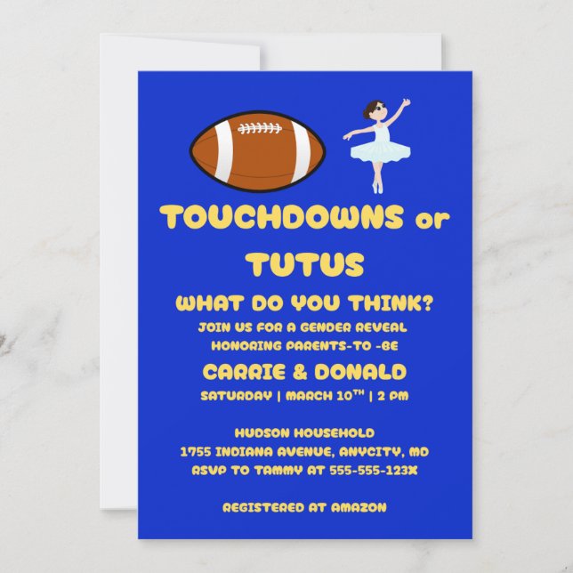 Invitation Fête de révélation de sexe Touchdowns ou Tutus (Devant)
