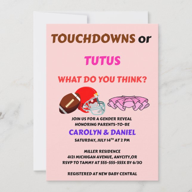 Invitation Fête de révélation de sexe Touchdowns ou Tutus (Devant)