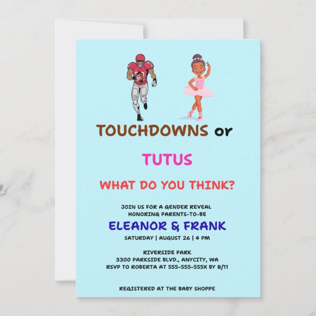 Invitation Fête de révélation de sexe Touchdowns ou Tutus (Devant)
