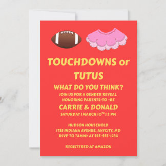 Invitation Fête de révélation de sexe Touchdowns ou Tutus