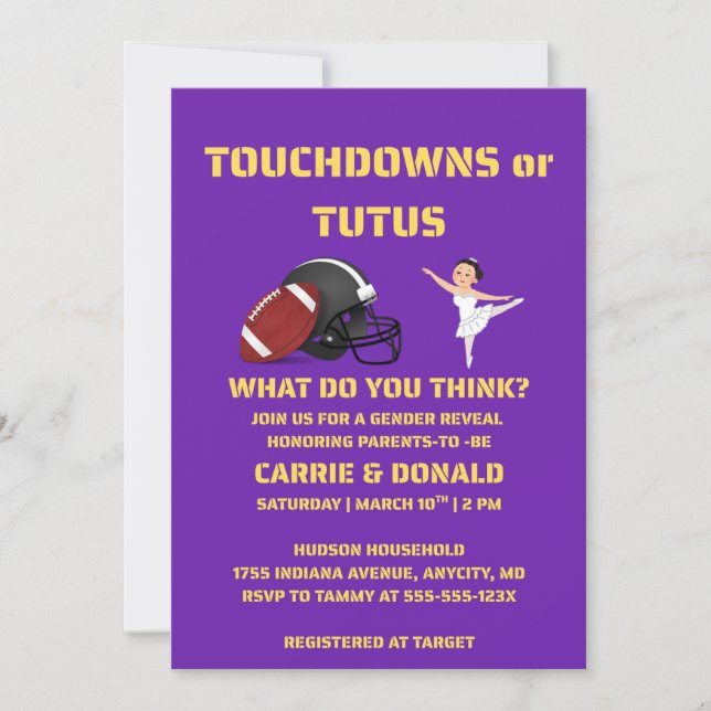 Invitation Fête de révélation de sexe Touchdowns ou Tutus (Devant)