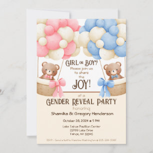 Invitation Fête de révélation du genre Ours à ballons rose et