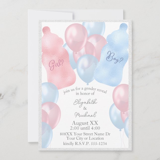 Invitation Fête de Révélation du Sexe avec Biberons et Ballon (Devant)