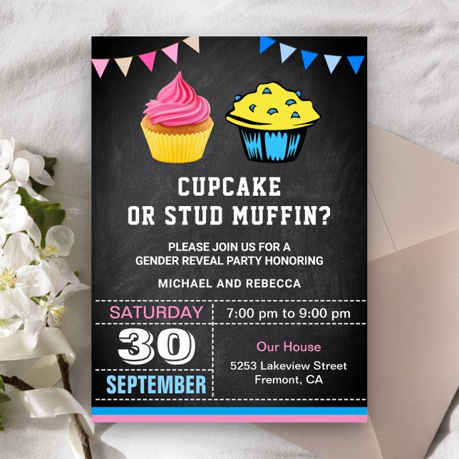 Invitation Fête de révélation du sexe Cupcake ou Stud Muffin (Créateur téléchargé)