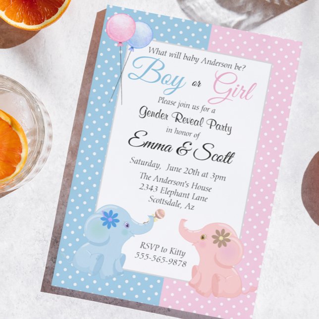 Invitation Fête de Révélation du Sexe de Bébé Éléphant Rose B (Créateur téléchargé)