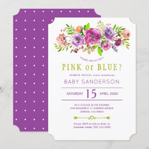 Invitation Fête de révélation du sexe de bébé violet vert flo