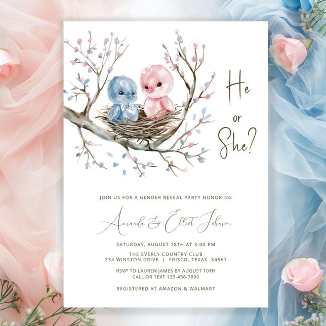 Invitation Fête de Révélation du Sexe des Douces Petits Oisea (Sweet baby birds in a nest on a pretty pink and blue flower tree branch gender reveal invitation. )