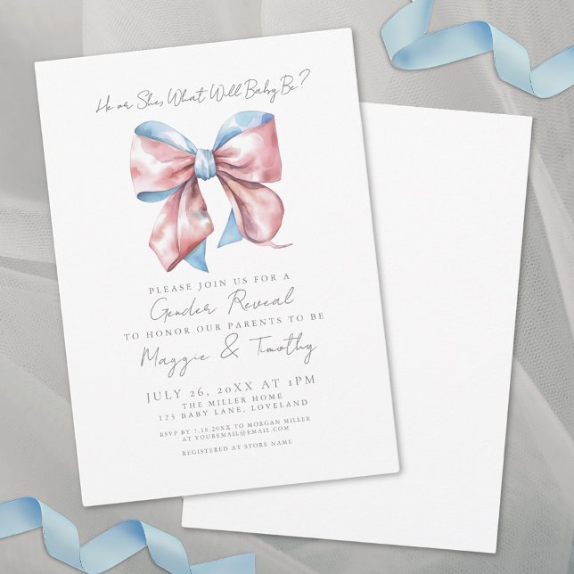 Invitation Fête de révélation du sexe du bébé avec ruban rose (Pink And Blue Bow Gender Reveal Party Invitation)