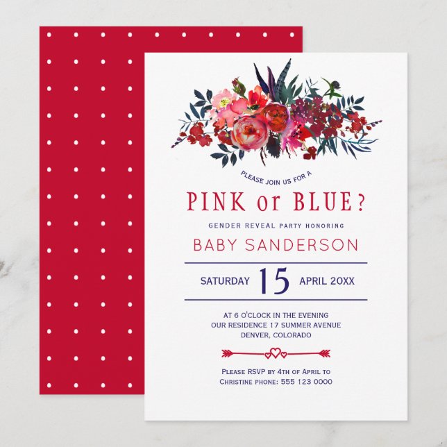 Invitation Fête de révélation du sexe du bébé avec thème flor (Devant / Derrière)