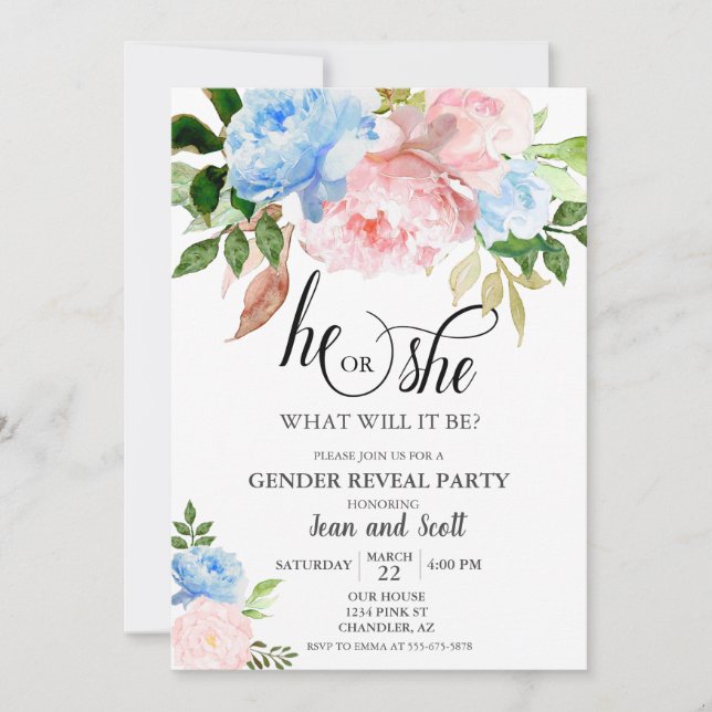 Invitation Fête de révélation du sexe floral aquarelle rose b (Devant)