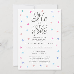 Invitation Fête de Révélation du Sexe Il ou Elle Cœurs Rose B