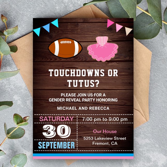 Invitation Fête de révélation du sexe Touchdowns ou Tutus (Créateur téléchargé)