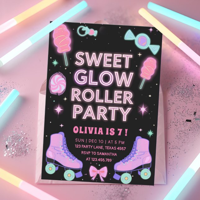 Invitation Fête de Roller Sweet Glow | Patinage Candy Néon (Créateur téléchargé)