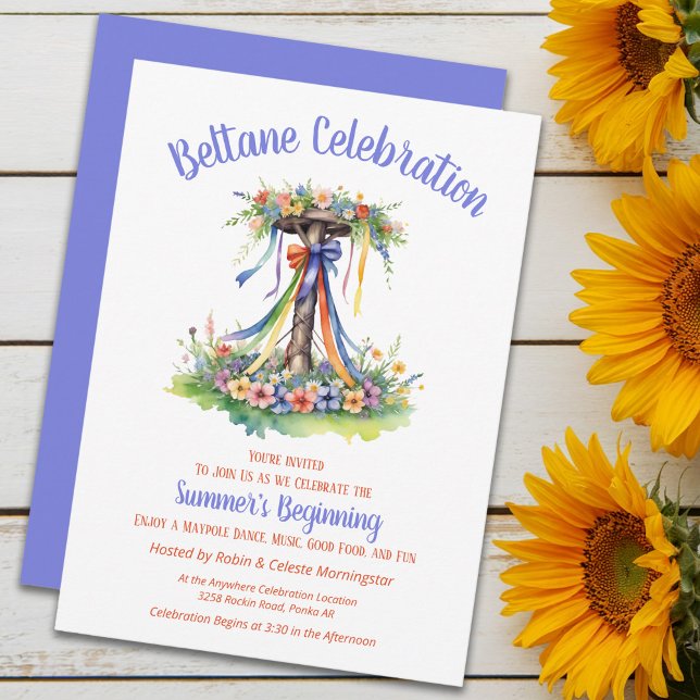 Invitation Fête de Sabbat Floral d'Été de Beltane avec un Mai (Beltane Maypole Summer Floral Sabbat Party Invitation by Pagan Holidays)