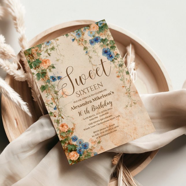 Invitation Fête de seize ans aux fleurs sauvages pastel vinta (Créateur téléchargé)