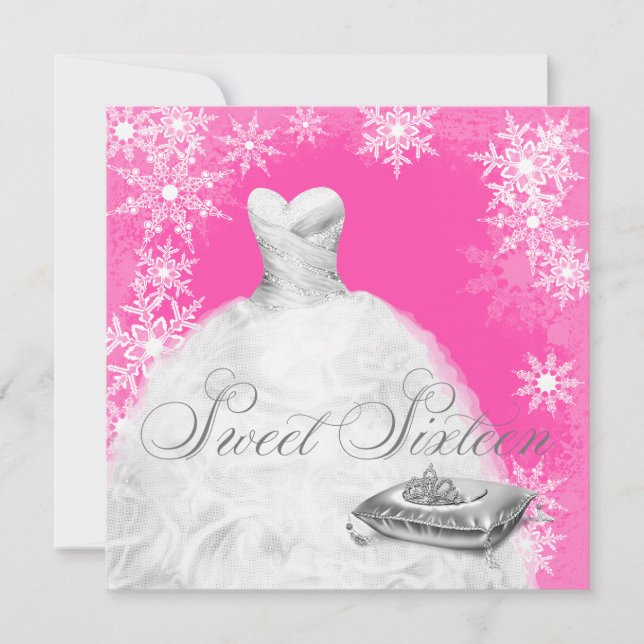 Invitation Fête de seize ans flocon de neige rose chaud (Devant)
