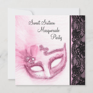 Invitation Fête de seize ans rose et noir masquée